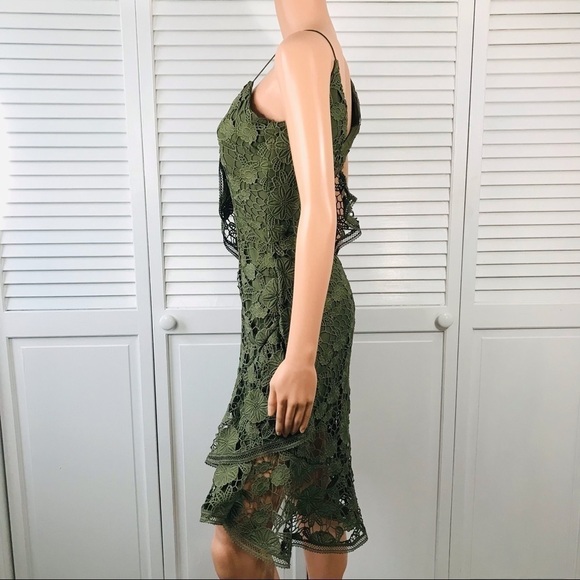 KEEPSAKE Green Frameless Asymmetrical Lace Cocktail Dress Size Extra Small - Picture 4 of 10